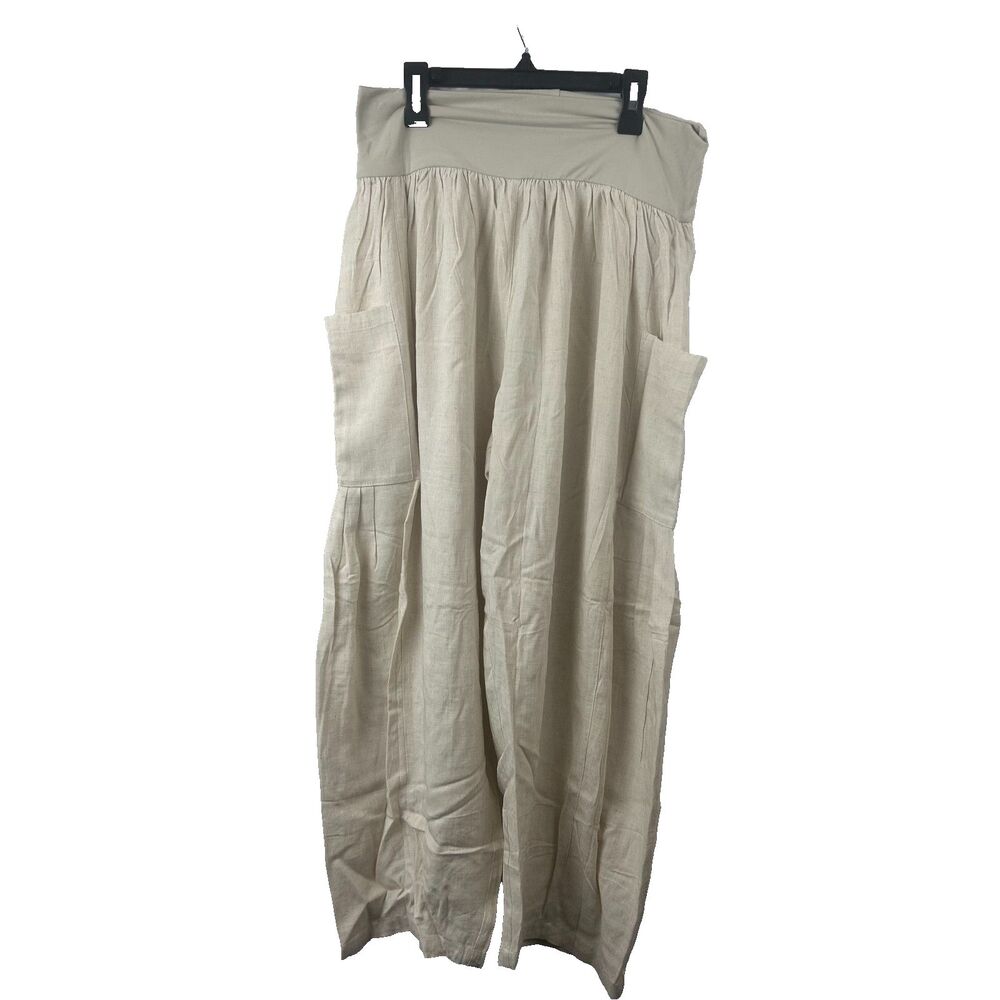 TARSE Women’s Linen Wide Leg Pants Beige Size L Elastic Waist Pockets NWT